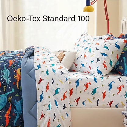 Queen Size Dinosaur Kids Bedding Set for Boys, 7 Pieces Super Soft Lightweight Microfiber Comforter Set with Sheets, Bed in a Bag, Children Bed Set