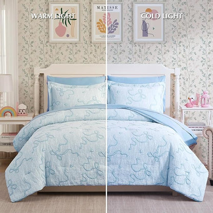 Geniospin Light Blue Twin Comforter Set for Girls- 5 Pieces Bowknot Jacquard Bed in A Bag Twin Bedding Sets with Sheets, Pillowcases & Shams, All Season Kids Comforter Set
