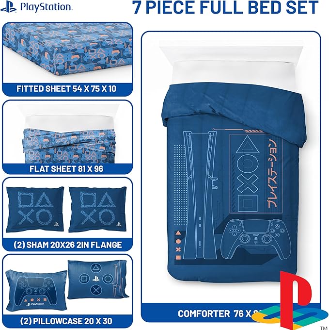 Jay Franco Kids Comforter Set Includes Sheets and Pillow Covers - Soft and Cozy Bed Set for Stylish Room Decor, Official Licensed Bedding, Blue - PlayStation, 7 Piece Full