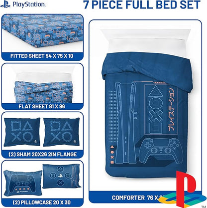 Jay Franco Kids Comforter Set Includes Sheets and Pillow Covers - Soft and Cozy Bed Set for Stylish Room Decor, Official Licensed Bedding, Blue - PlayStation, 7 Piece Full