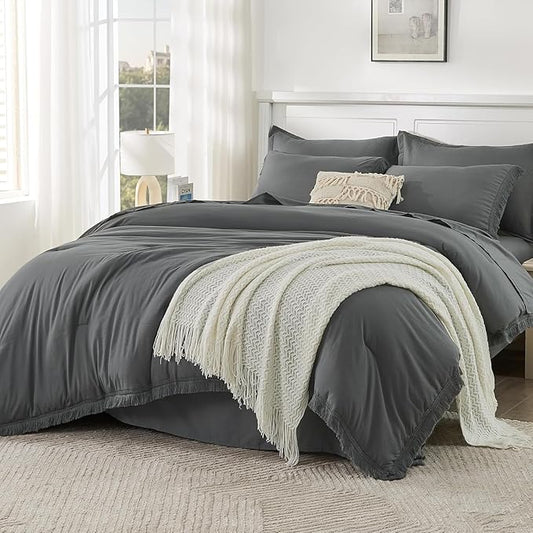 Andency Oversized King Comforter Set Dark Grey 120x98-7 Pieces Boho Tassel Bed in a Bag Soft Lightweight Bedding Sets, Fringe All Season Bed Set with Comforter, Sheets, Pillowcases & Shams