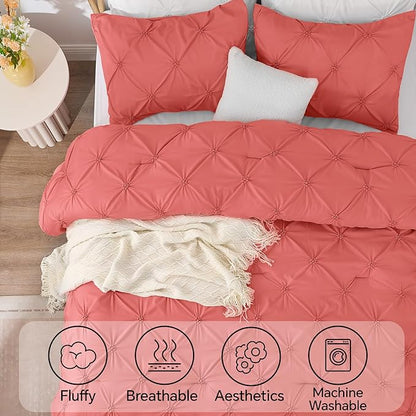 BEDELITE Coral Twin Comforter Set - 2 Peices Boho Pintuck Bedding Comforter Sets, Lightweight Soft & Warm Twin Bedding Sets with 1 Pillowcase for All Season