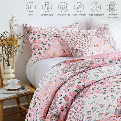 Whale Flotilla Patchwork Quilts Queen Size, Extra Soft Boho Floral Bedspreads for Bed Reversible Lightweight Full Queen Quilt Bedding Set Printed Coverlets with 2 Pillow Shams for All Seasons, Pink