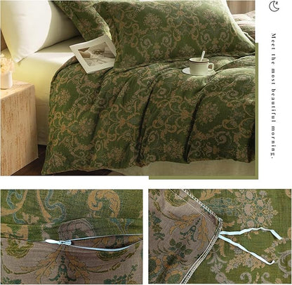 VM VOUGEMARKET Green Floral Duvet Cover Queen,3 Pieces Retro Boho Medallion Jacquard Flower Bedding Set,Linen Cotton Yarn-Dyed Textured Reversible Duvet Cover with Zipper Closure