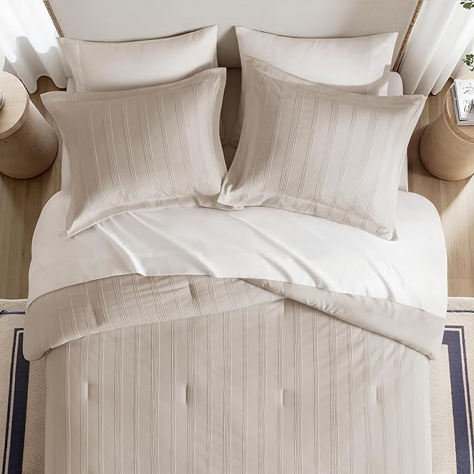 Madison Park Essentials Striped Comforter Set Cal King, 7 Pieces Modern Minimalist Jacquard Bedding Set for All Season, Bed in A Bag with Sheet Set and Soft Brushed Reverse, Lightweight Neutral