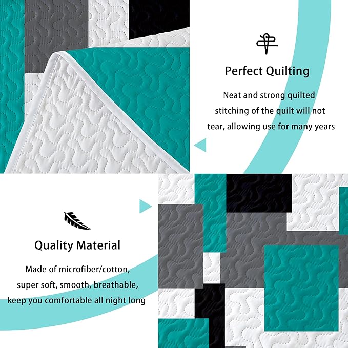 3 Piece Teal/Turquoise Quilt Set California King Size Black Grey Geometric Reversible Bedding Set Microfiber Lightweight Bedspread Coverlet with 2 Shams Bed Covers for All Season, 118''x106''