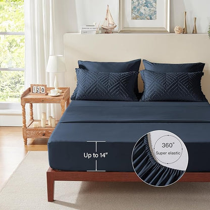 Zzlpp Queen Comforter Set 7 Pieces, Navy Blue Tufted Bed in a Bag with Comforter and Sheets,All Season Boho Bedding Sets with Comforter, 2 Pillow Shams, 2 Pillowcases, 1 Flat Sheet, 1 Fitted Sheet