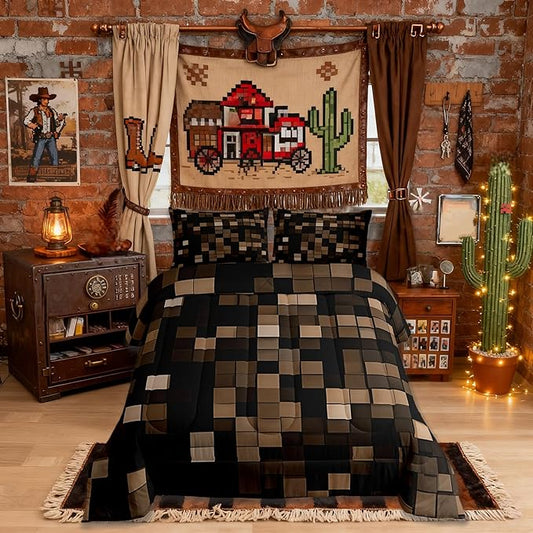 Pixel Grid Miners Kids Bedding Set King Size,Video Games Plaid Lattice Comforter Set，Geometric Modern Check Quilt Comforter,Brown Bedroom Duvet Insert,2 Pillowcases