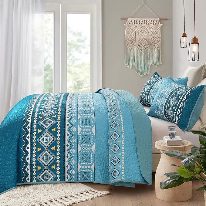 WONGS BEDDING 3 Piece Quilt Set Queen,Boho Teal Bedspread Coverlet Set with Geometry Printed for All Season,Lightweight Morden Bohemian Bedding Set 104"×90"
