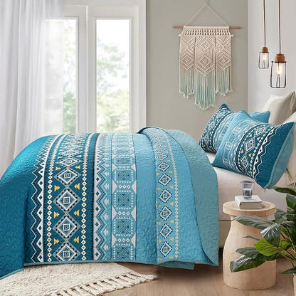 WONGS BEDDING 3 Piece Quilt Set Queen,Boho Teal Bedspread Coverlet Set with Geometry Printed for All Season,Lightweight Morden Bohemian Bedding Set 96"×90"