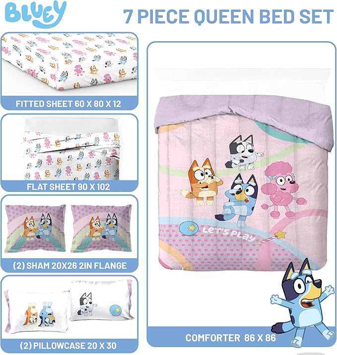 Jay Franco Kids Comforter Set Includes Sheets and Pillow Covers - Soft and Cozy Bed Set for Stylish Room Decor, Pink - Bluey 7 Piece Queen Size Bedding