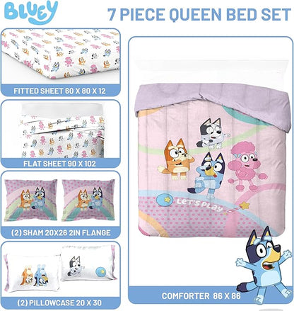 Jay Franco Kids Comforter Set Includes Sheets and Pillow Covers - Soft and Cozy Bed Set for Stylish Room Decor, Pink - Bluey 7 Piece Queen Size Bedding