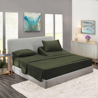 Clara Clark Flex Top King Sheets - Hotel Luxury 6 Piece Bed Sheets for Top Split King Bed - Soft Bedding Sheets & Pillowcases, Head Split King Size. Olive Green