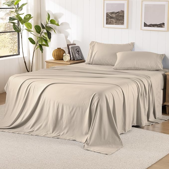ROSE&RISY Khaki Sheets Twin Sheet Set, Pre-Washed Brushed Cotton-Like Microfiber, 3 Pcs Soft Breathable Sheet Set Twin,Fade Resistant, Includes 1 Fitted, 1 Flat, 1 Pillowcases (Khaki, Twin)