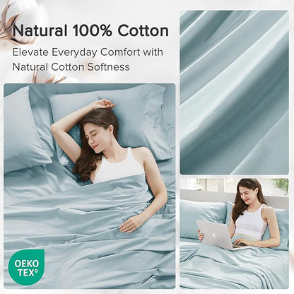 Comfort Spaces 100% Cotton Sheets Cal King, Breathable & Soft Cotton Sheets, Naturally Cool Cotton Bed Sheets with 14" Elastic Pocket Fits up to 16" Mattress, All Season Sheet Set, Light Blue 4 Piece