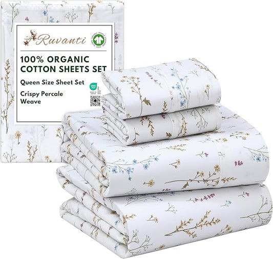 RUVANTI 100% Organic Cotton Sheets Queen Size, Percale Weave, GOTS Certified, 4-Piece Set, Deep Pocket 15", Crisp & Breathable, Soft Durable Bedding, Sábanas Algodón Orgánico – Field Flower