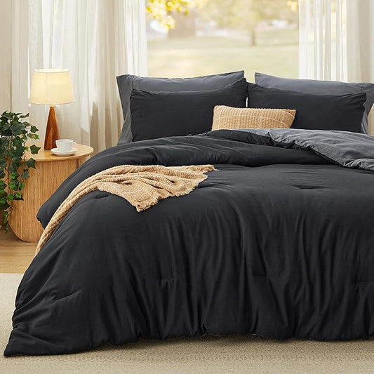 Bedsure Queen Comforter Set, Black Grey Soft Prewashed Bedding for All Seasons, 3 Pieces GentleSoft™ Bed Set, 1 Lightweight Comforter (90"x90") and 2 Pillowcases (20"x26")