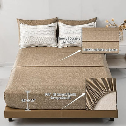 WONGS BEDDING 7 Pieces Khaki Comforter Set Boho Bed in a Bag King Size,Geometric Striped Comforter Reversible Soft Microfiber Bedding Set with Pillowcases,Flat Sheet,Fitted Sheet,Pillow Shams