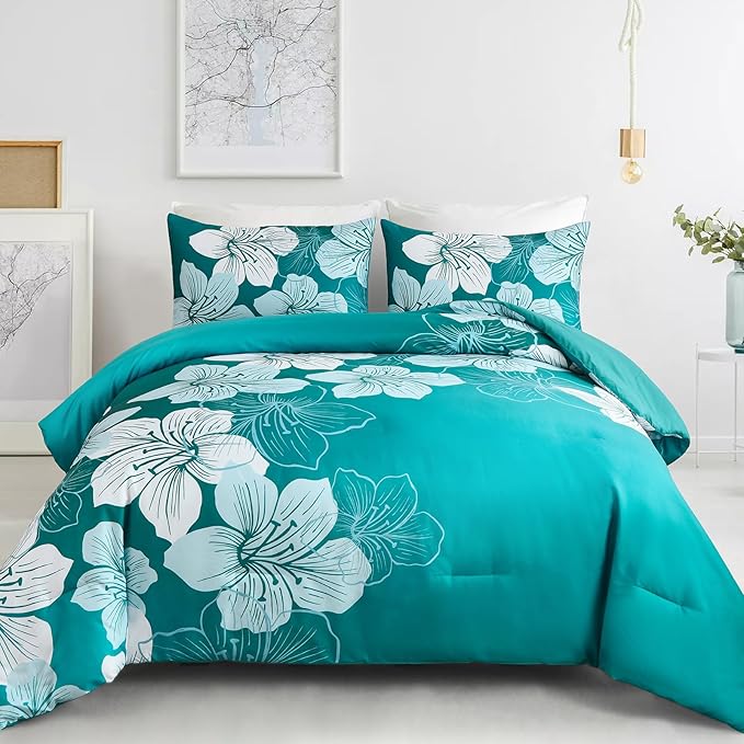 Menghomeus Full Comforter Set Gradient Teal Bedding Floral Comforter Sets - Soft Microfiber Bed Comforter Set for All Season, 3 Piece Botanical Flowers Comforter, Pillowcases