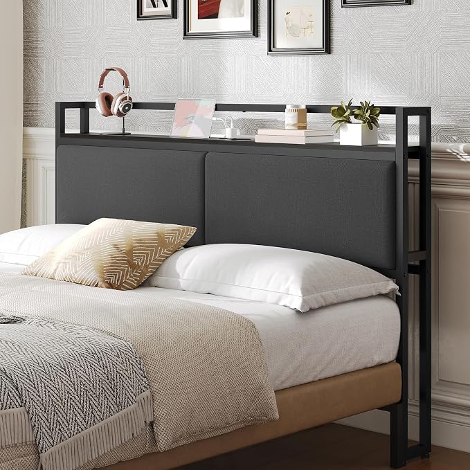 Queen Size Headboard Only with Storage Shelves, Upholstered Headboard with Charging Station, Height Adjustable, Sturdy and Stable, Vintage Style, Black