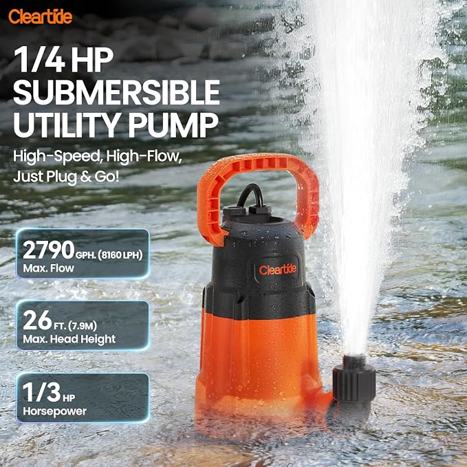 Submersible Utility Water Pump, 1/3 HP 2790 GPH Portable Sump Pump with Copper Motor, Plug and Work for Pond, Garden Watering, Pool or Hot Tub Water Transfer