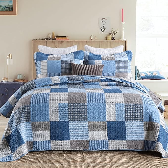 PANGUSHAN Quilts Set Queen Size,100% Cotton Patchwork Plaid Quilt Bedding Set,Blue/Navy Blue Reversible Bedspreads,Farmhouse Lightweight Comforter Set Bed Spread for All Season,3 Pieces