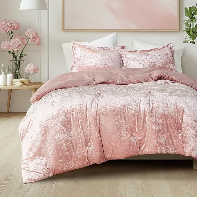 Comfort Spaces Juliette Luxe Comforter Set Velvet Lush with Soft Brushed Microfiber Reverse, All Season Cozy Velvet Bedding Sets, Fluffy Comforter Bed Set, Matching Sham, Blush King 3 Piece