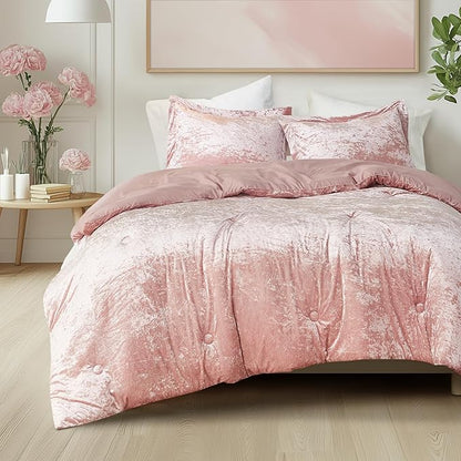 Comfort Spaces Juliette Luxe Comforter Set Velvet Lush with Soft Brushed Microfiber Reverse, All Season Cozy Velvet Bedding Sets, Fluffy Comforter Bed Set, Matching Sham, Blush King 3 Piece