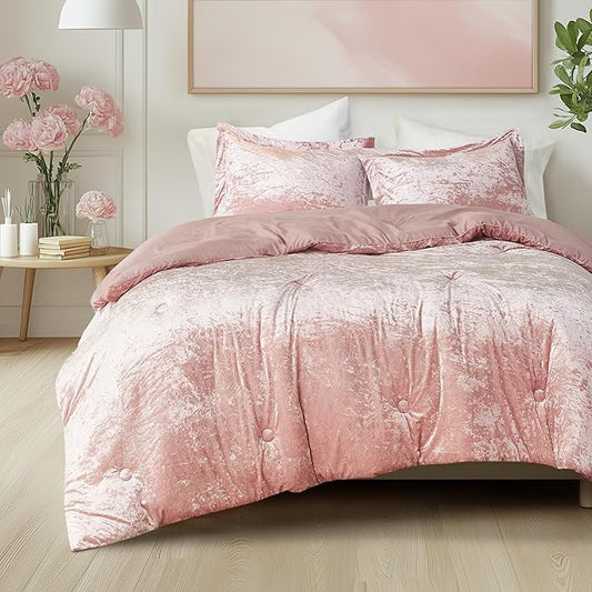 Comfort Spaces Juliette Luxe Comforter Set Velvet Lush with Soft Brushed Microfiber Reverse, All Season Cozy Velvet Bedding Sets, Fluffy Comforter Bed Set, Matching Sham, Blush King 3 Piece
