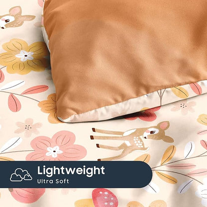 Wake In Cloud - Floral Bedding Set for Girls, Cute Colorful Botanical Flowers Deers Patterned Soft Lightweight Comforter Set with Sheets, 5 Pieces Kids Bed in a Bag, Orange Brown, Twin Size