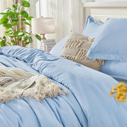 Andency California King Size Comforter Set with Sheets Light Blue - 7 Pieces Cal King Bed in a Bag Boho Bedding Sets, Bed Set with Comforter, Sheets, Pillowcases & Shams
