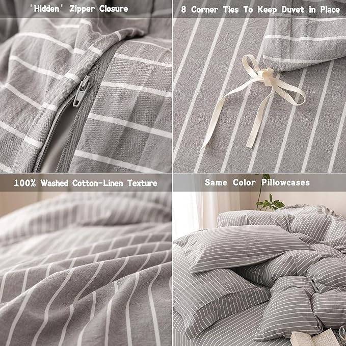 Stripe Duvet Cover Oversized King Size 120inch x 98inch, 100% Washed Cotton Linen Feel Duvet Cover with Zipper Closure and 2 Pillowcases, Color of Grey-White Stripe