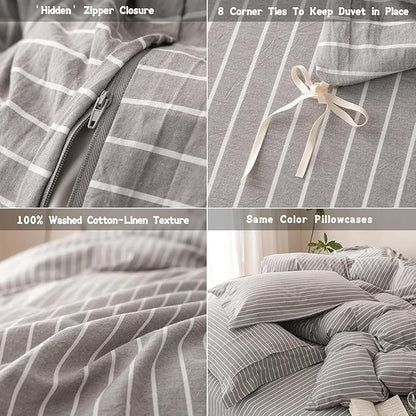 Stripe Duvet Cover Twin Size 90inch x 68inch, 100% Washed Cotton Linen Feel Duvet Cover with Zipper Closure and 1 Pillowcases, Color of Grey-White Stripe