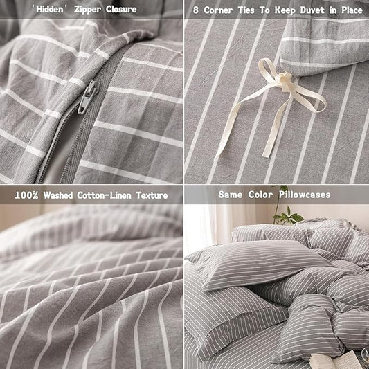 Stripe Duvet Cover Super King Plus Size 120inch x 120inch, 100% Washed Cotton Linen Feel Duvet Cover with Zipper Closure and 2 Pillowcases, Color of Grey-White Stripe