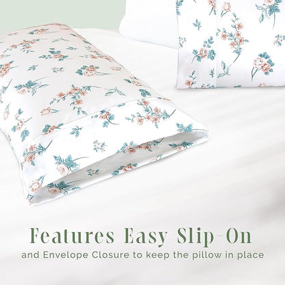 Elegant Comfort Ultra Soft Set of 2 Floral Print Pillowcases - 1500 Premium Hotel Quality Microfiber, Soft and Smooth Envelope Closure 2-Piece Pillow Covers - Standard/Queen, Pink Celia