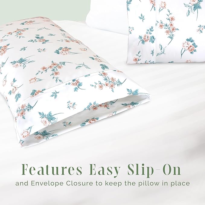 Elegant Comfort Ultra Soft Set of 2 Floral Print Pillowcases - 1500 Premium Hotel Quality Microfiber, Soft and Smooth Envelope Closure 2-Piece Pillow Covers - King, Pink Celia