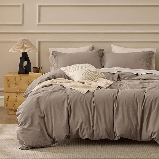 Bedsure 100% Washed Cotton Duvet Cover Oversized Queen - Light Brown Minimalist Bedding Set Linen Like - PureWoven Plain Simple & Soft Comforter Cover 3-Piece (Light Brown, Oversized Queen, 98"x98")