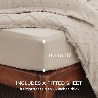 Bedsure Boho Duvet Cover Queen Size with Fitted Sheet - Boho Bedding Comforter Set, 4 Pieces, Includes 1 Duvet Cover 90"x90" with Zipper Closure, 2 Pillow Shams, 1 Fitted Sheet, Beige