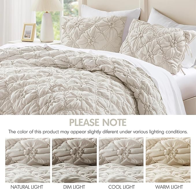 Intelligent Design King Comforter Set – Ivory Lily Puffy Floral Shabby Chic Boho Bedding Comforter Set, Pinch Pleat Bedding Sets, Ultra-Soft, Lightweight & All-Season, King/Cal K