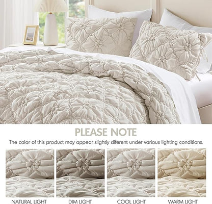 Intelligent Design King Comforter Set – Ivory Lily Puffy Floral Shabby Chic Boho Bedding Comforter Set, Pinch Pleat Bedding Sets, Ultra-Soft, Lightweight & All-Season, King/Cal K