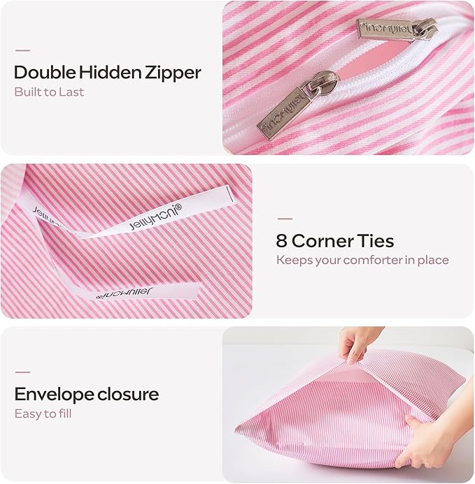 JELLYMONI 100% Natural Cotton 3pcs Striped Duvet Cover Sets,White with Pink Stripes Pattern Printed Comforter Cover,with Zipper Closure & Corner Ties(King Size)