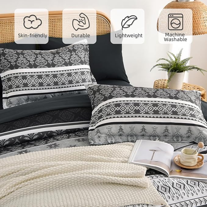 Comforter Set King Size Boho,7 Pieces Bohemian Bedding Comforter Set Striped Bed in a Bag,Dark Grey Paisley Floral Comfortet and Sheet Set,Soft Black Gray Bedding Sets for All Season