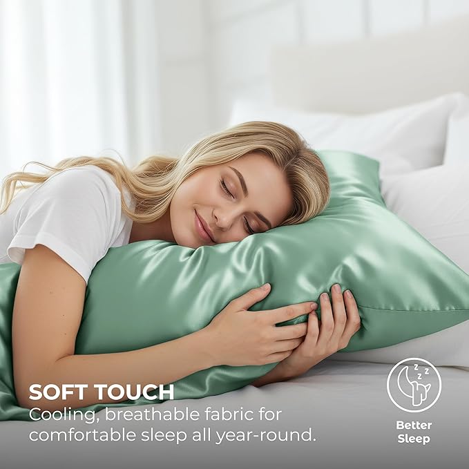 Pure Bedding Satin Pillowcase 2 Pack - King Size (20"x40", Champagne Green) - Silky Pillow Cases for Hair and Skin - Satin Pillow Covers with Envelope Closure - Extra Soft Premium Microfiber