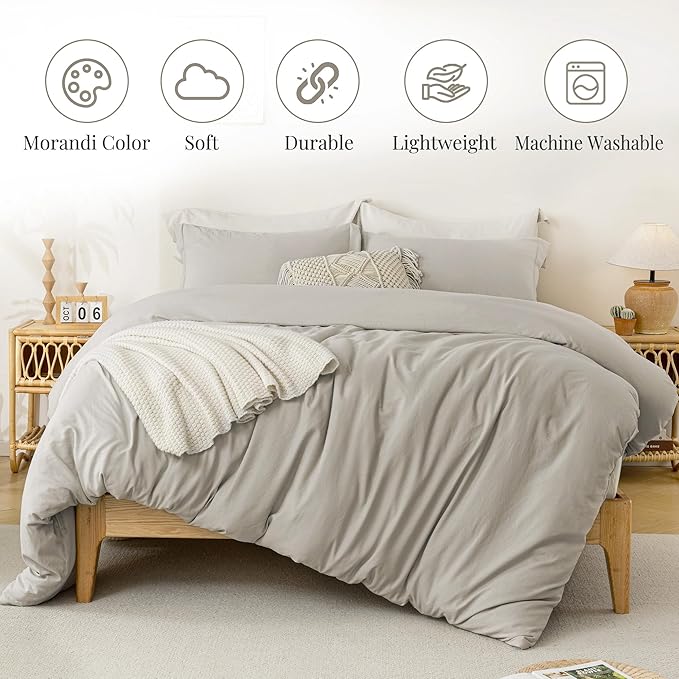 MILDLY Super Soft Duvet Cover - 100% Washed Microfiber Linen Grey Comforter Cover Set 3 Pieces with Zipper Closure & Corner Ties (No Comforter)