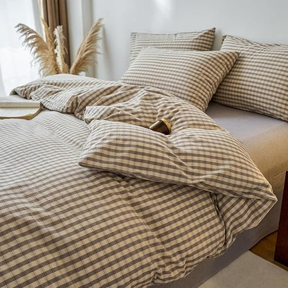 LifeTB Grey Gingham Duvet Cover Twin XL 100% Washed Cotton Grey Beige Plaid Duvet Cover 3 Pieces Grid Checkered Comforter Cover with Zipper Closure Breathable Soft Gingham Plaid Bedding Set