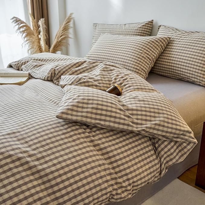 LifeTB Grey Gingham Duvet Cover Full Size 3 Pieces Grey Beige Grid Duvet Cover 100% Washed Cotton Plaid Checkered Comforter Cover Luxury Soft Breathable Farmhouse Gingham Bedding Set Full