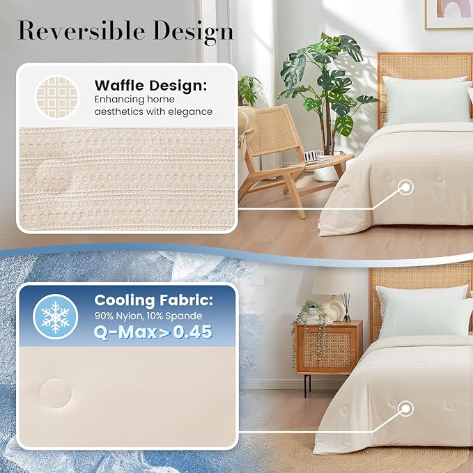 Amélie Home Waffle Cooling Comforter King Size, Q-Max 0.45 Reversible Lightweight Cooling Blanket for Hot Sleepers, Breathable Bedding for Night Sweats, 106"x90", Beige