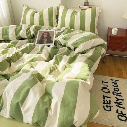 3 Pieces Striped Duvet Cover Set Queen, 100% Washed Microfiber Sage Green and White Stripes Pattern Printed Comforter Cover, Farmhouse Striped Bedding Set Soft Breathable Duvet Cover Queen Size