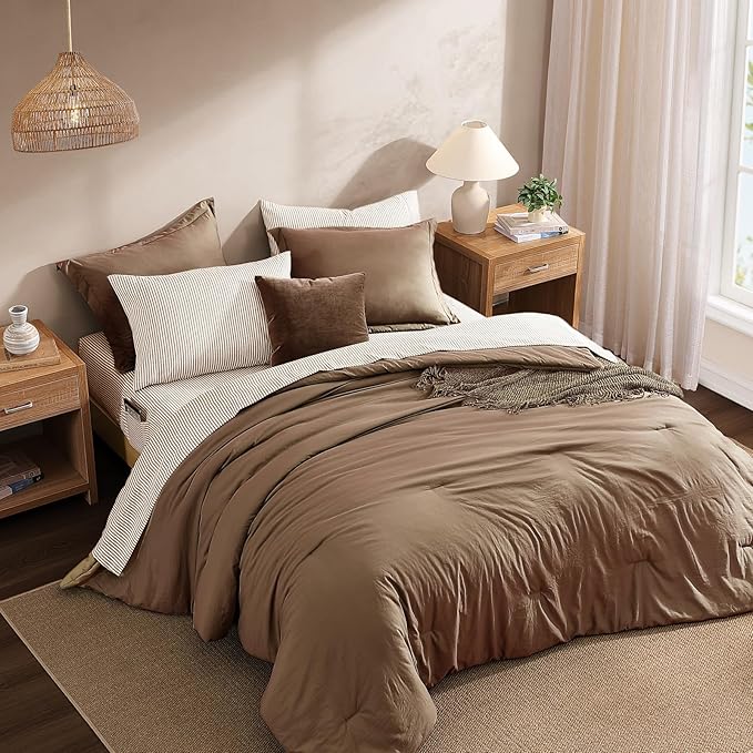 Monbix Queen Comforter Set - 7 Pieces Brown Prewashed Bed in a Bag Queen Bedding Sets with Comforters, All Seasons Ultra Soft Comforter Bed Set with Sheets,Pillowcases & Shams