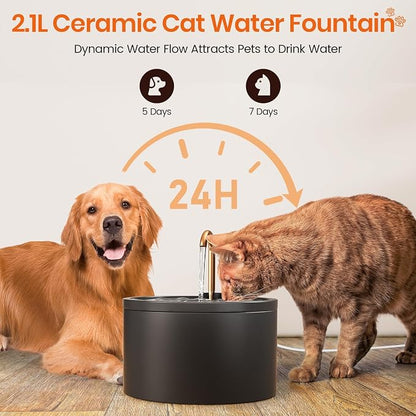 MISFANS Ceramic Cat Water Fountain, All-Ceramic Body, Pure Copper Spout | 2.1L/71oz Capacity, Under 20dB Pump, Dual Filtration, Faucet and Fountain Modes, Easy-Clean Unit, 3 Filters and Sponge, Black